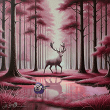 a painting of a deer in a pink forest with a bird in the water