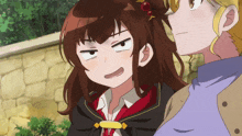 two anime girls are making funny faces and one is wearing a red tie