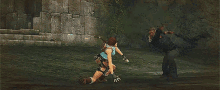 a video game scene shows a woman laying on the ground