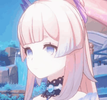 a girl with long pink hair and blue eyes is standing in front of a waterfall in a video game .