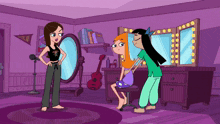 a cartoon of a girl standing in front of a mirror with the letter b on it