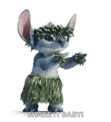 stitch from disney 's lilo and stitch is wearing a hula skirt and wreath .