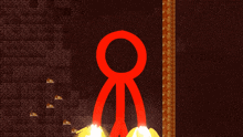 a red stick figure with a circle in the middle is standing in front of a wall
