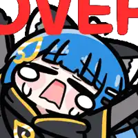 a cartoon character with blue hair and the word over