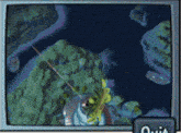 a computer screen shows a frog fishing in a river