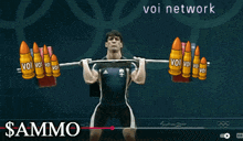 a cartoon of a man lifting a barbell with the word ammo on the bottom right