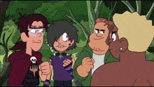 a group of cartoon characters are standing next to each other and one of them has a skull on his cape