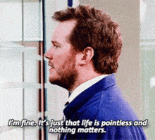 a man with a beard says i 'm fine it 's just that life is pointless and nothing matters .