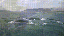 a painting of the ocean with mountains in the background