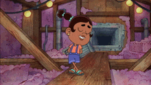 a cartoon girl is standing on a wooden floor in front of a purple wall