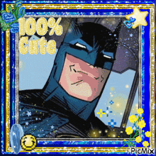 a picture of batman in a blue frame with the words 100 % cute above him