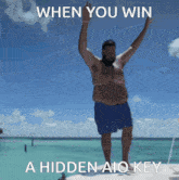 a man in blue shorts is jumping in the air with the words when you win a hidden aio key below him