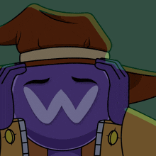 a purple cartoon character with a hat and a w on his face