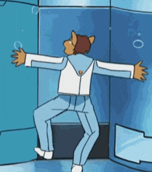 a cartoon character is standing in front of a blue wall