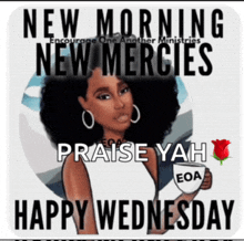 a picture of a woman holding a cup of coffee with the caption " new morning new mercies "