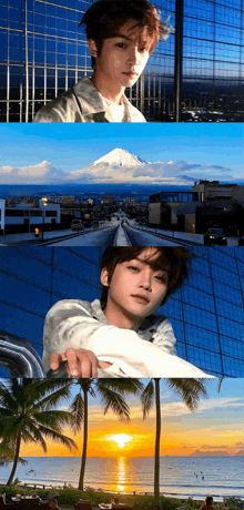 a collage of three pictures shows a man a mountain and a beach