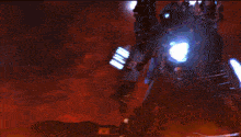 a computer generated image of a space ship with a blue light coming out of the side