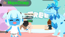 a girl with blue hair is standing in front of a sign that says " free "