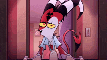 a cartoon character with horns and a tail is sitting on a doorway .