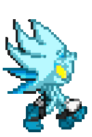 a pixel art of a blue sonic the hedgehog with a yellow eye