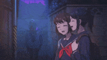 two girls in school uniforms are hugging each other and smiling