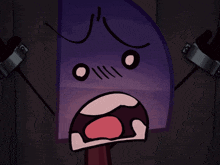 a cartoon drawing of a purple object with a face that says ' nv ' on it