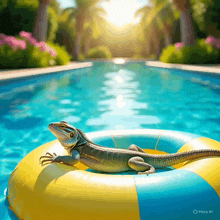 a lizard laying on a yellow and blue inflatable ring in a pool