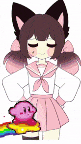 a drawing of a girl in a school uniform holding a kirby toy