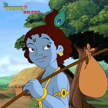a cartoon of a boy with a peacock feather on his head and the word krishna below him