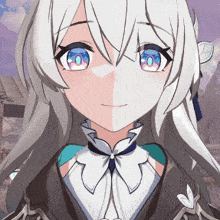 a close up of a girl with white hair and pink eyes