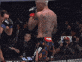 a man with a tattoo on his back is kicking another man in a cage