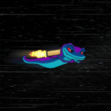 a blue and purple frog with a rocket on its back is flying in space