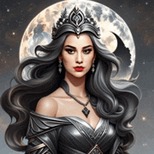 a woman with long black hair and a crown on her head stands in front of a full moon .