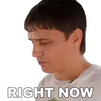 a man wearing a white shirt with the words right now on it
