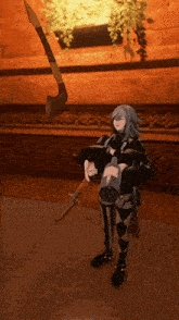 a video game character holding a sword and a bucket