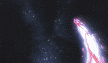 a robot is flying through the air with a purple light coming out of it .