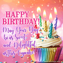a birthday card with a cupcake and candles that says " may your day be as sweet and delightful as this cupcake "