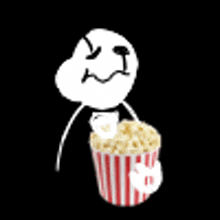 a white cartoon character is holding a bucket of popcorn .
