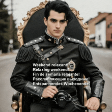 a man in a military uniform sits in a chair with the words weekend relaxant relaxing weekend fin de semana relajante
