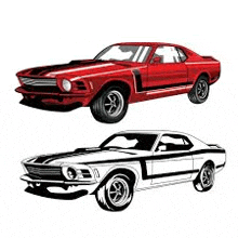 a black and white drawing of a red mustang and a black and white drawing of a mustang .