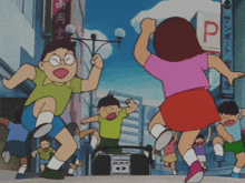 a group of children are dancing in front of a sign that says p.