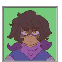 a cartoon drawing of a person with brown hair and yellow eyes