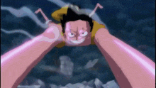 a cartoon character is flying through the air with a glowing arm