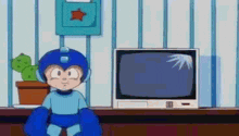 a cartoon character is sitting in front of a television and a potted plant .