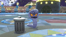 a snake is standing next to a trash can