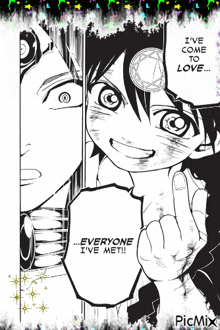 a black and white drawing of a boy with the words i 've come to love everyone i 've met on it