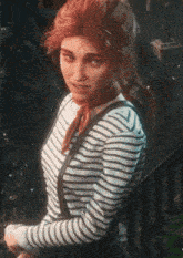 a woman with red hair is wearing a striped shirt with suspenders and a scarf around her neck