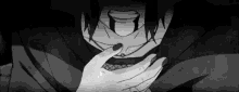 a black and white drawing of a person covering their mouth with a hand .