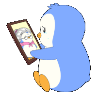a penguin is looking at a picture of an old lady