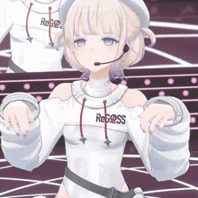 a girl wearing a white shirt that says regoss
